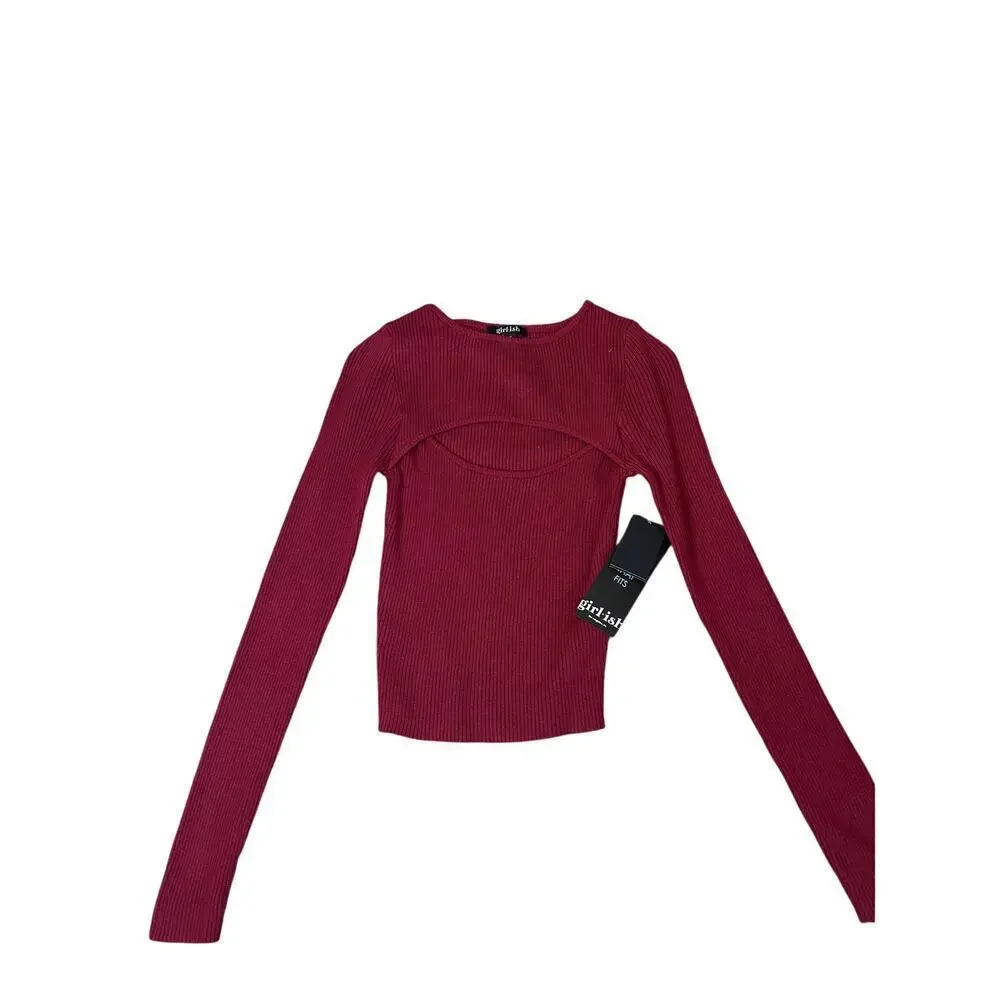 New Women's Cutout Long Sleeve Knitted Ribbed Pullover Sweater Jumper Top SZ XS - Picture 3 of 10